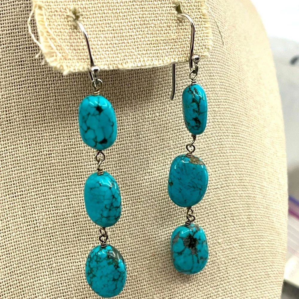 Sally C Treasures SX Sterling Silver Turquoise Dangle Earrings 925 Estate - Picture 1 of 17